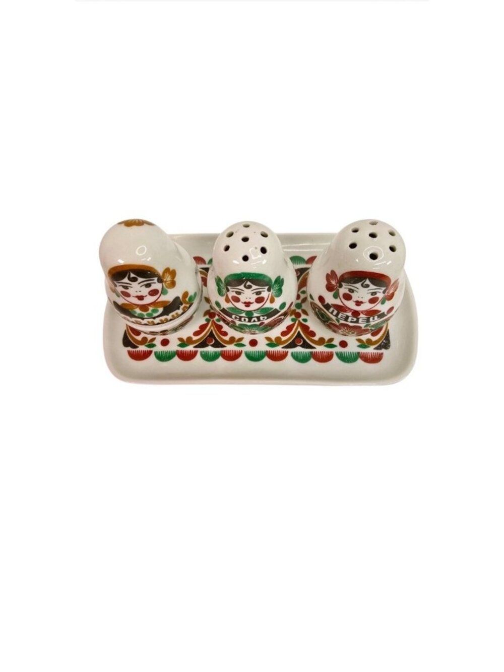 Gardner Verbilki Russian Porcelain Matryoshka Condiment Set Salt Pepper Mustard